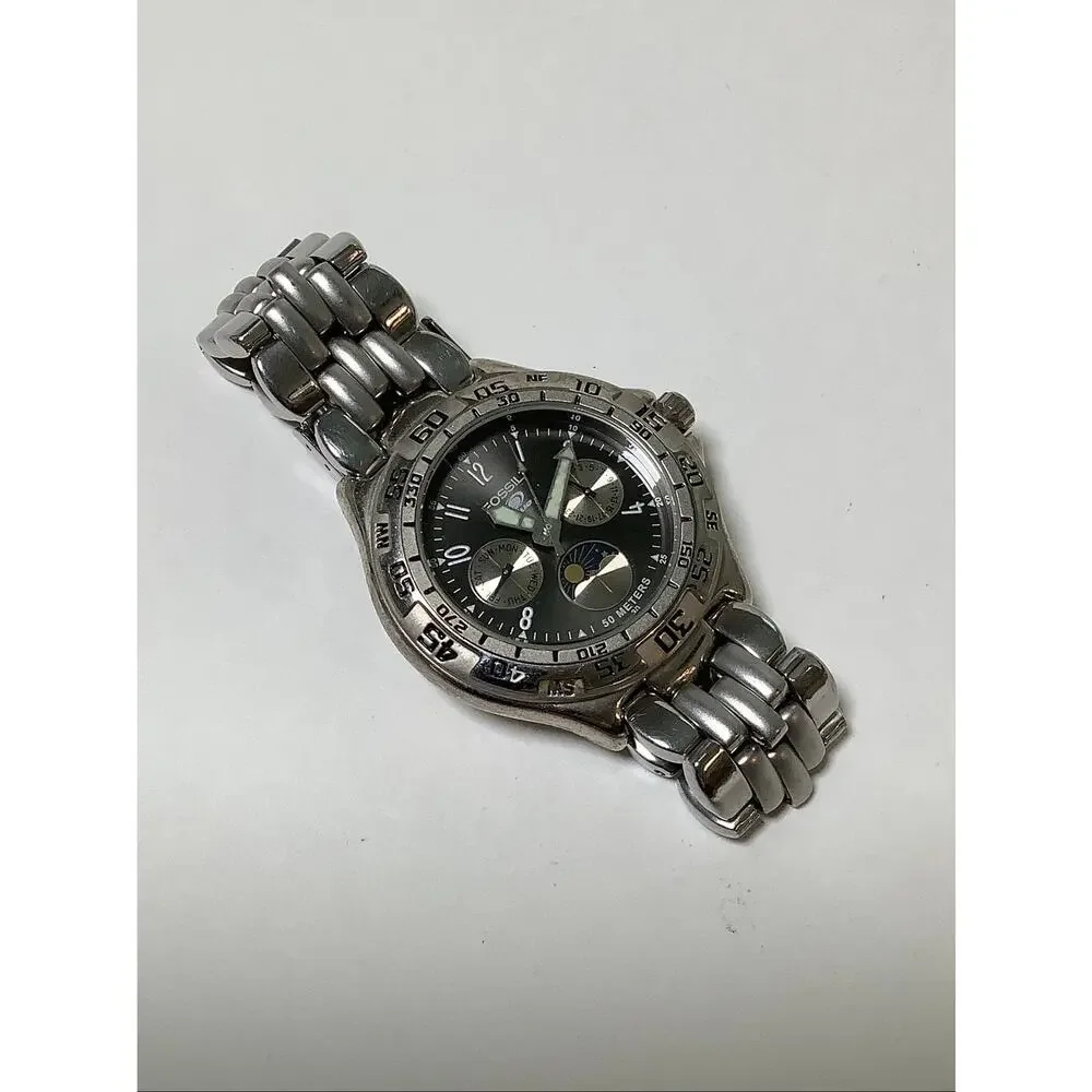 Fossil Blue Men's Stainless Steel Moonphase Day Date Quartz Watch Vintage F16-23